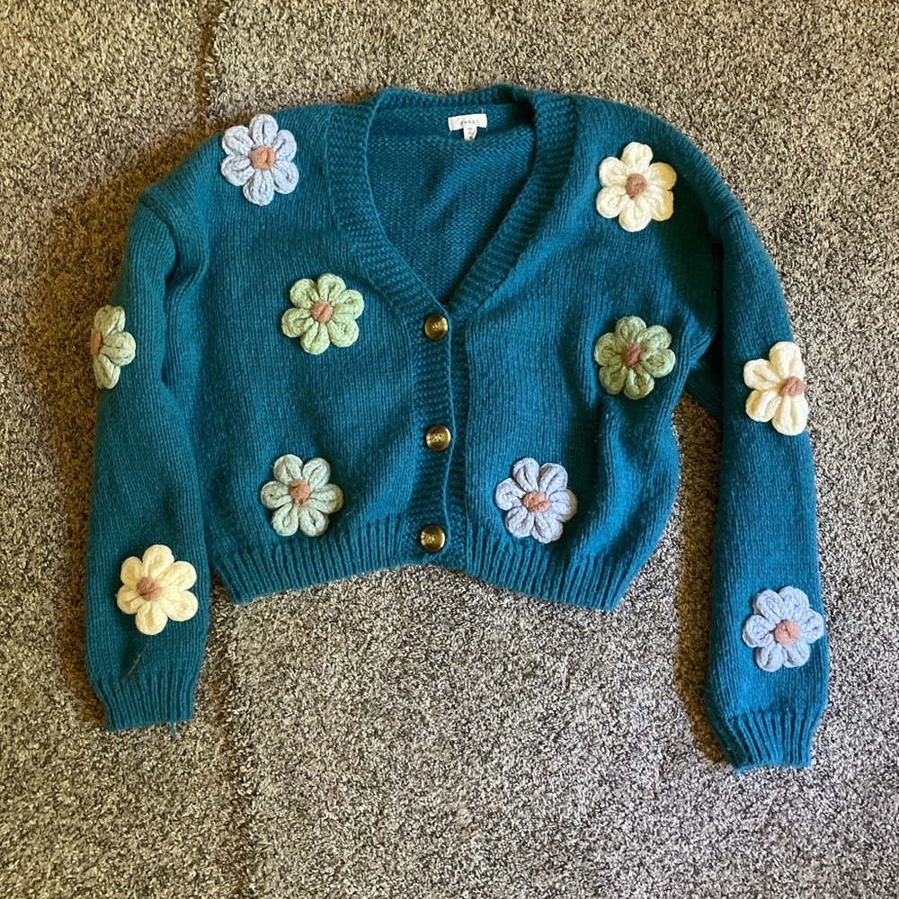 Teal Sweater with 3-D flowers